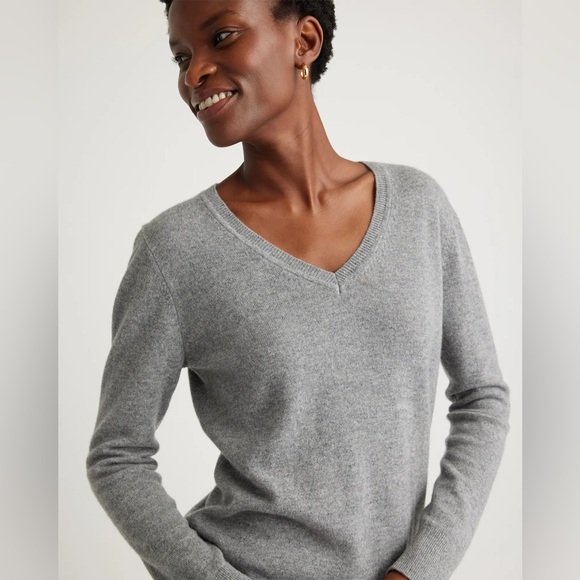 Quince Grey Mongolian Cashmere V-Neck Sweater - Picture 2 of 15